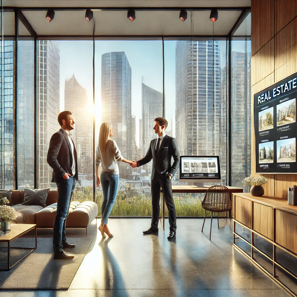 Un agent immobilier serre la main d’un couple souriant dans un bureau moderne avec de grandes fenêtres en verre. L’espace est élégant, avec du mobilier en bois et métal, et un écran digital affichant des annonces immobilières. À travers la façade vitrée, on aperçoit une ville animée avec de hauts immeubles sous un ciel bleu.
