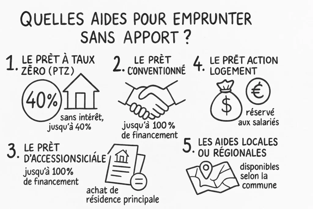 L’infographie présente cinq aides principales avec des pictogrammes simples : maison, poignée de main, contrat, sac d’argent et carte. Chaque aide (PTZ, PAS, prêt conventionné, Action Logement, aides locales) est résumée avec un chiffre clé et sa cible. Le tout est clair, illustratif et compréhensible d’un seul coup d’œil.