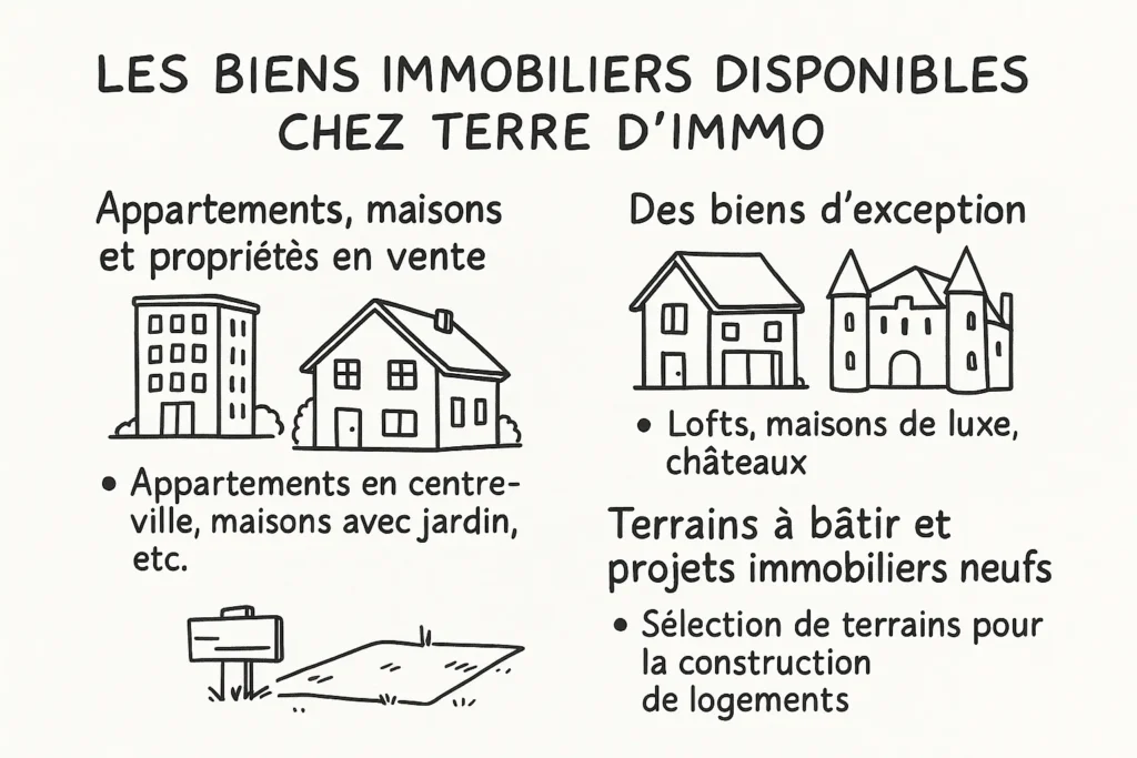 L’image représente trois types de biens : un immeuble, une maison et un château dessinés à la main, chacun accompagné de texte explicatif. À gauche, on parle des appartements et maisons classiques. À droite, des biens d’exception et des terrains à bâtir sont mis en valeur.