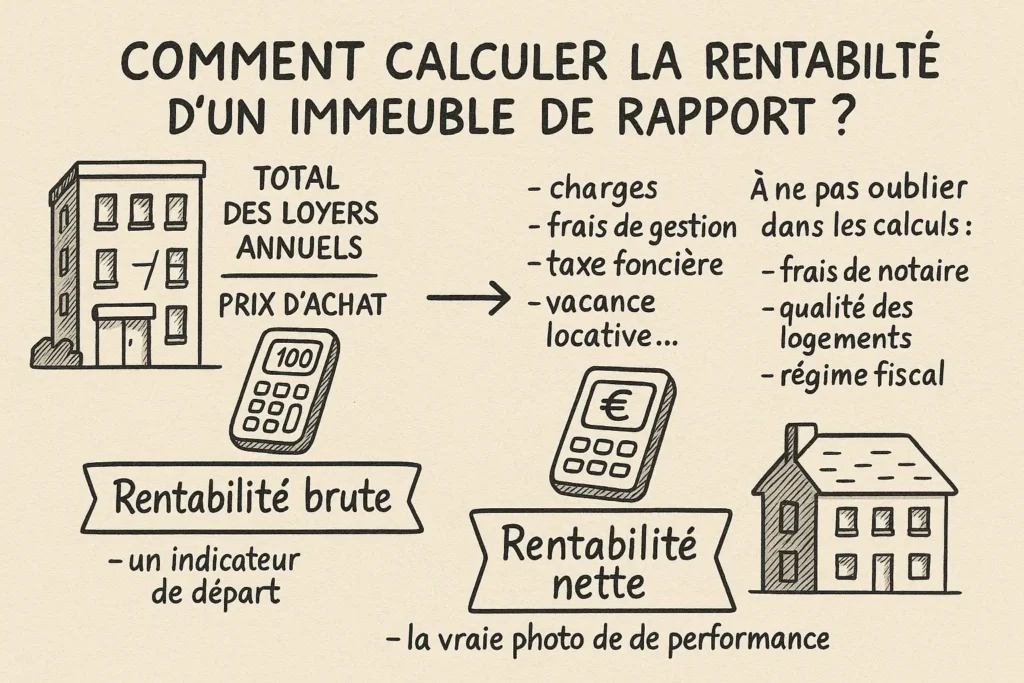 L’infographie, dessinée à la main, montre à gauche une formule simple de calcul de rentabilité brute avec un immeuble et une calculatrice. À droite, des éléments à déduire pour obtenir la rentabilité nette (charges, fiscalité, vacance). Le tout est structuré de manière claire et pédagogique.