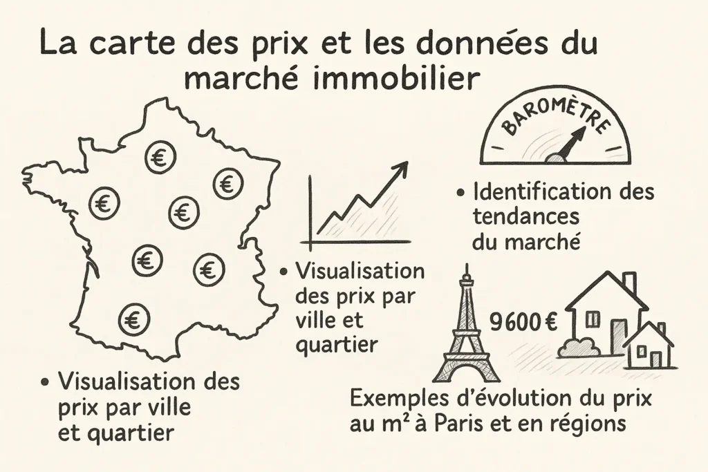 Infographie dessinée à la main, sur fond beige, avec une carte de France remplie de symboles €, un graphique de prix, un baromètre pour illustrer les tendances du marché, et une Tour Eiffel associée à des maisons indiquant 9600€. Les textes présentent les données clés sur les prix au m², les évolutions par ville et les comparaisons régionales.