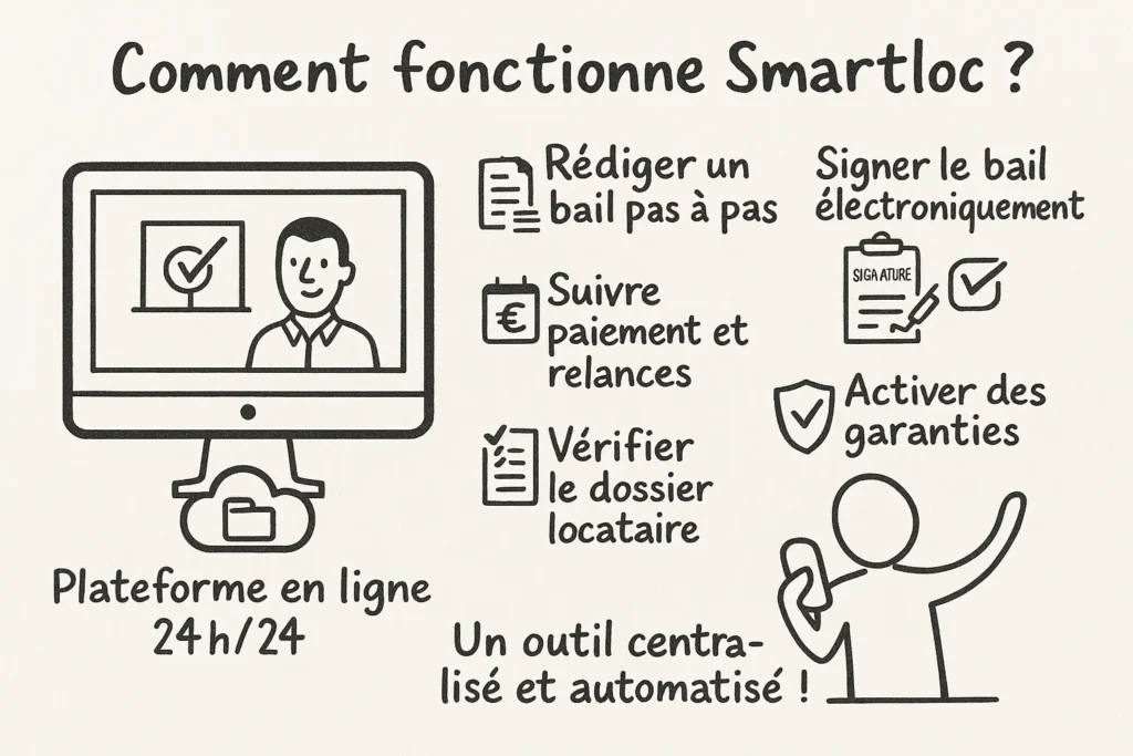 L’image montre un écran d’ordinateur avec un propriétaire souriant, entouré de six icônes illustrant les fonctions principales de Smartloc : rédaction de bail, signature électronique, relances, vérification de dossier, garanties, et espace sécurisé. En bas, un personnage heureux tient son téléphone, avec la phrase « Un outil centralisé et automatisé ! »