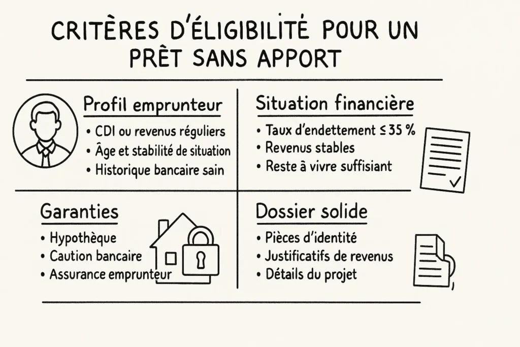 L’infographie est divisée en quatre blocs avec des dessins : un profil d’emprunteur, un document, une maison verrouillée, et une feuille cochée. Elle détaille les critères essentiels pour obtenir un prêt sans apport : stabilité pro, situation financière saine, garanties solides, et dossier complet.