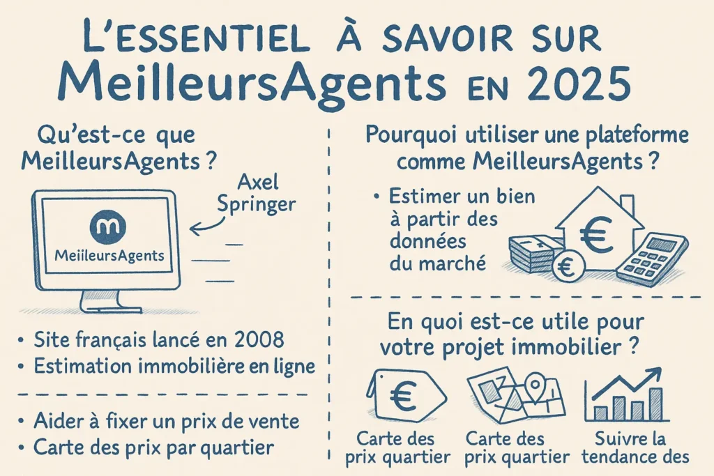 Infographie dessinée à la main en bleu sur fond beige. Trois sections claires : à gauche, l’origine de MeilleursAgents et son appartenance à Axel Springer ; au centre, les avantages de la plateforme pour estimer un bien ; à droite, son utilité concrète dans un projet immobilier avec pictogrammes simples.