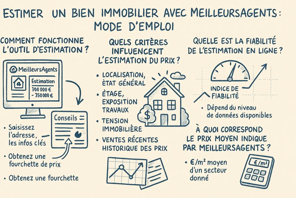 Infographie dessinée à la main en quatre parties sur fond beige. Elle montre un écran d’ordinateur avec l’estimation, une maison entourée de critères (étage, localisation...), un cadran d’indice de fiabilité, et un graphique représentant le prix moyen au m². Chaque élément est accompagné d’icônes simples et de mots-clés clairs.