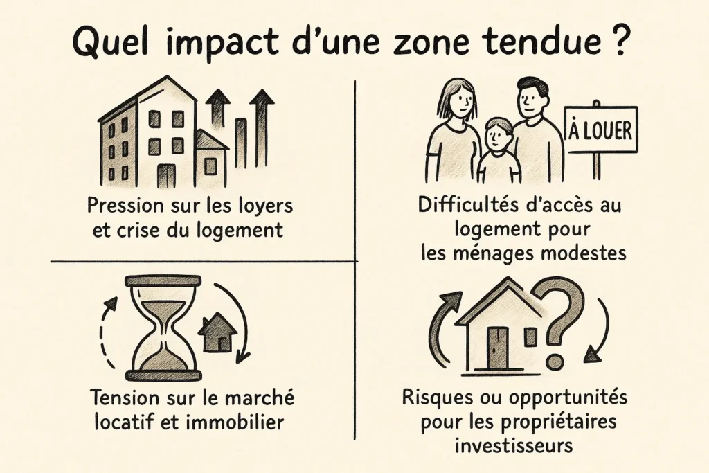 L’image présente quatre blocs dessinés à la main, chacun illustrant un impact d’une zone tendue : hausse des loyers, difficulté à se loger, tension sur le marché, et enjeux pour les propriétaires. Chaque point est accompagné d’un pictogramme clair et expressif. Le style est simple, lisible en un clin d'œil.