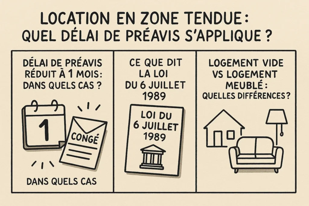 L’image montre trois encadrés explicatifs : le premier illustre un calendrier avec le chiffre 1 et une lettre de congé, le second une loi du 6 juillet 1989, et le troisième un logement vide face à un logement meublé. Le style est dessiné à la main, en noir sur fond beige. L’ensemble résume les règles de préavis en zone tendue.