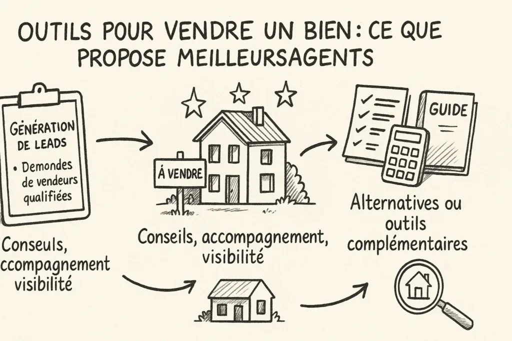 Infographie en noir et blanc, style dessin à la main. On y voit un panneau "À vendre", un guide, une calculatrice et une maison, liés par des flèches. Chaque élément illustre les outils proposés par MeilleursAgents pour vendre un bien : génération de leads, conseils, visibilité et ressources complémentaires
