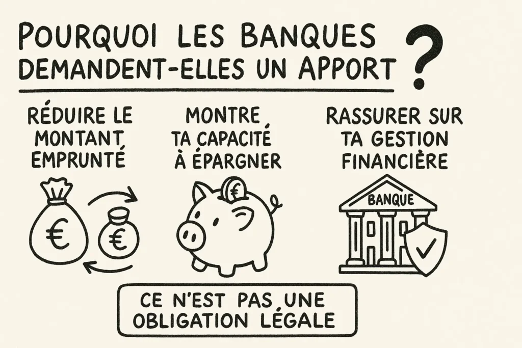 L’infographie présente trois raisons pour lesquelles les banques demandent un apport : réduire le montant emprunté, montrer la capacité à épargner, et rassurer sur la gestion financière. Chaque idée est illustrée par un dessin simple : un sac d’euros, une tirelire, et un bâtiment de banque avec un bouclier. En bas, un message rappelle que ce n’est pas une obligation légale.