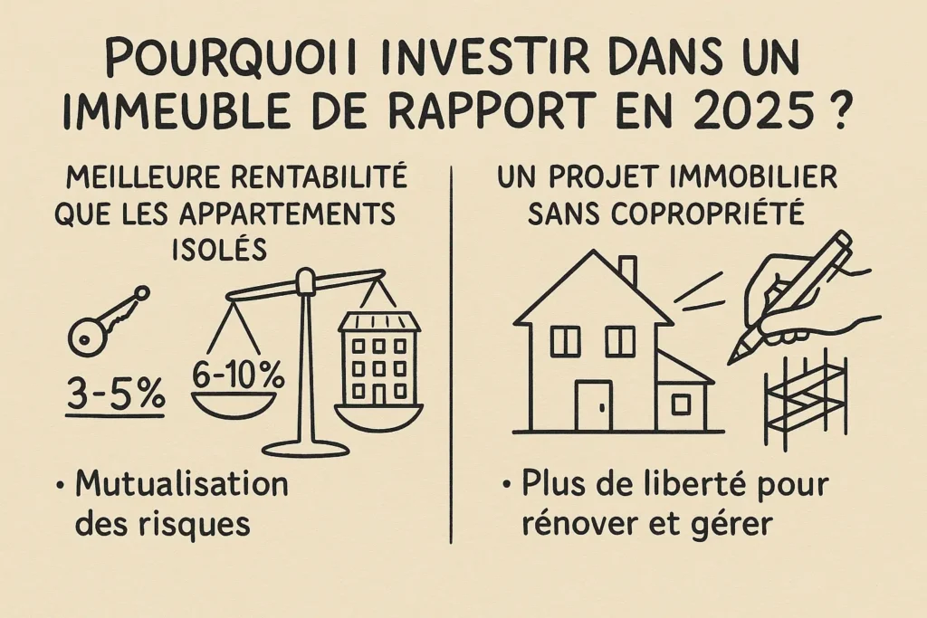 L’infographie dessinée à la main présente deux colonnes : à gauche, une balance compare la rentabilité d’un immeuble avec celle d’un appartement ; à droite, une maison illustre la liberté de rénovation. Le style est simple, en noir sur fond beige.