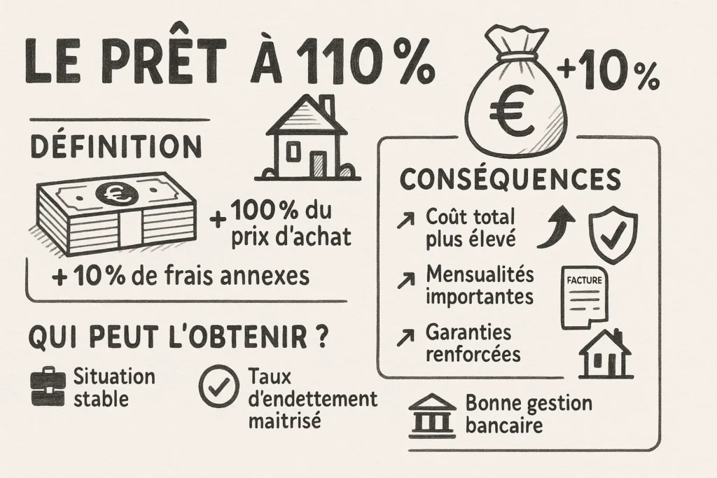 L’image montre trois blocs illustrés à la main : un billet, une maison et un sac d’argent. Elle résume le prêt à 110 % : financement du bien + frais, conséquences (coût plus élevé, garanties), et conditions pour l’obtenir (situation stable, bon dossier).