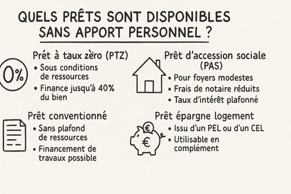 L’infographie liste quatre types de prêts sans apport avec des dessins simples : un pourcentage “0 %”, une maison, une feuille, et une tirelire. Chaque prêt est accompagné de deux à trois critères clés : conditions de ressources, cumul possible, travaux finançables, ou taux plafonnés. Le tout est clair, structuré, et facile à comprendre en un coup d’œil.