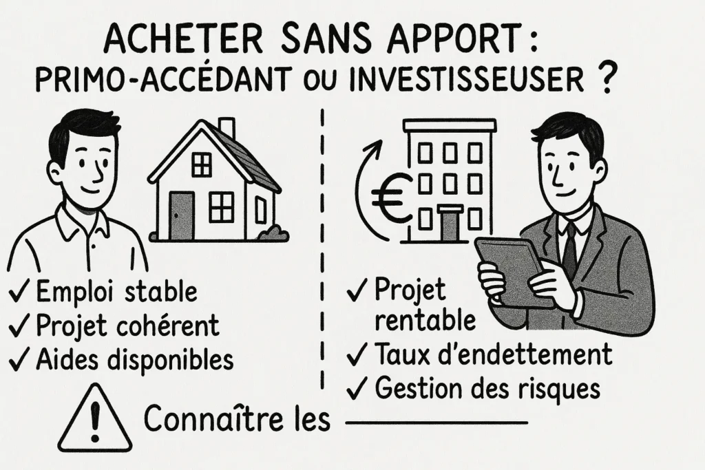 L’infographie montre deux profils : à gauche un primo-accédant devant une maison, à droite un investisseur devant un immeuble. Chaque côté liste les conditions clés : emploi stable ou projet rentable, aides ou gestion du risque. En bas, un triangle avertit : “Connaître les limites"
