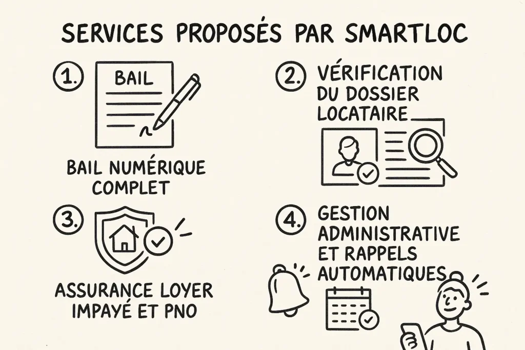 L’infographie présente quatre vignettes dessinées à la main, chacune illustrant un service Smartloc : bail numérique, vérification du dossier locataire, assurance loyer impayé et gestion automatisée. Chaque service est accompagné d’une icône claire comme un stylo, une loupe, un bouclier ou une cloche. L’ensemble est structuré en grille avec un titre lisible en haut.