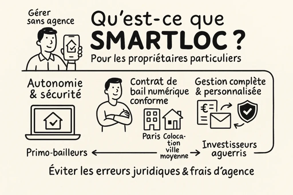 L’infographie montre un propriétaire tenant un téléphone, accompagné de dessins simples représentant un bail, des logements et des icônes de gestion. On y lit trois points clés : autonomie, contrat numérique conforme, et gestion personnalisée. En bas, un message résume l’intérêt : éviter les erreurs juridiques et les frais d’agence.