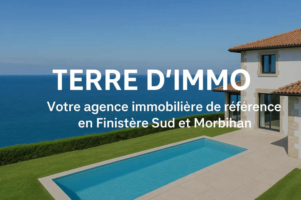 Une maison contemporaine blanche avec terrasse et piscine surplombe l'océan bleu profond. Le ciel est dégagé, l’ambiance est lumineuse et calme. Un texte clair au centre indique : « Terre d’Immo – Votre agence immobilière de référence en Finistère Sud et Morbihan ».