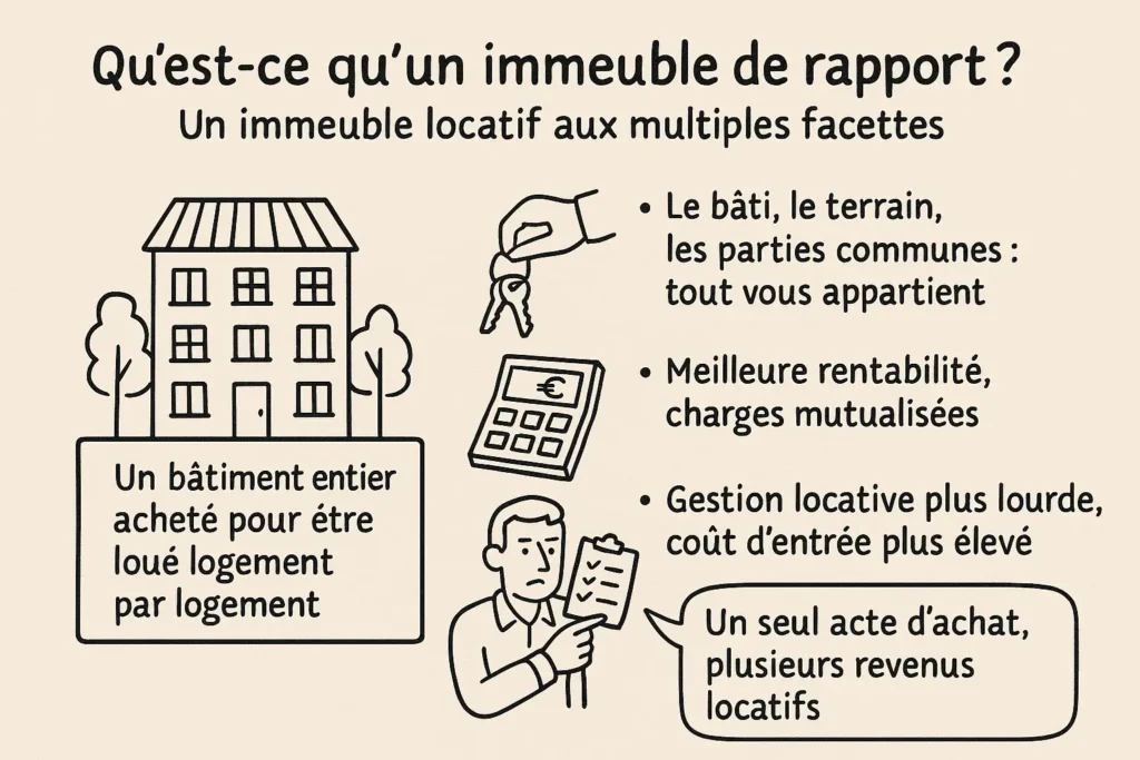 L’infographie dessinée à la main montre un immeuble avec plusieurs fenêtres et des icônes autour : clés, calculatrice, investisseur pensif. Elle résume en 4 points les caractéristiques d’un immeuble de rapport. Le style est simple, clair, sur fond beige avec du texte noir.