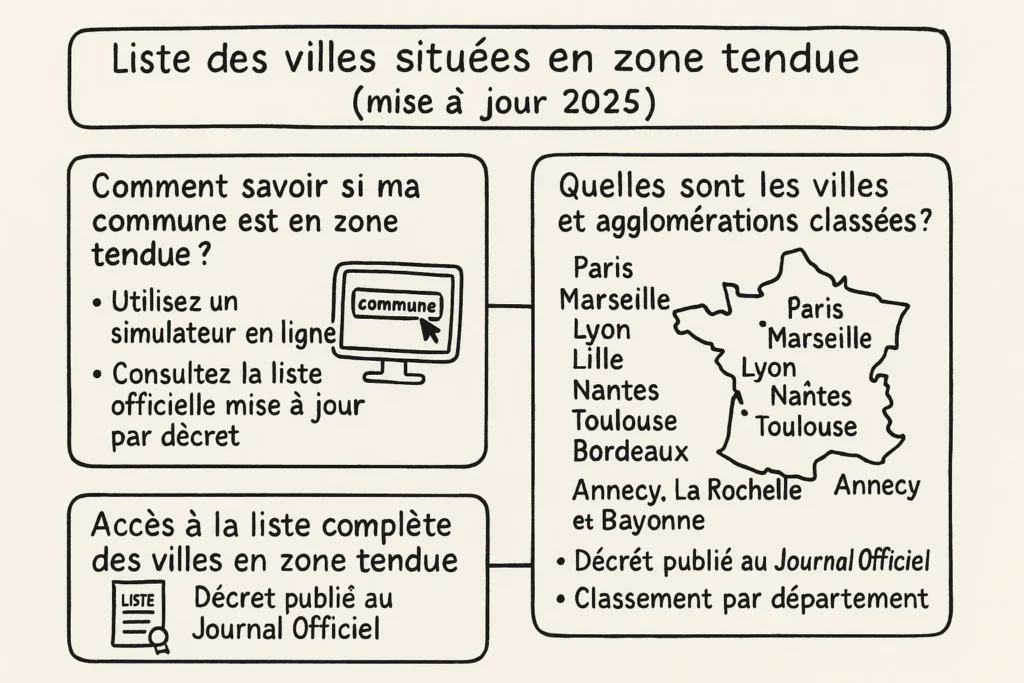 L’image montre trois encadrés illustrés en style dessin à la main : comment savoir si une commune est en zone tendue, les grandes villes concernées, et où consulter la liste complète. Des mots-clés comme “simulateur”, “décret” ou “Journal Officiel” sont mis en avant. Une carte de France simplifiée aide à visualiser les zones urbaines touchées.