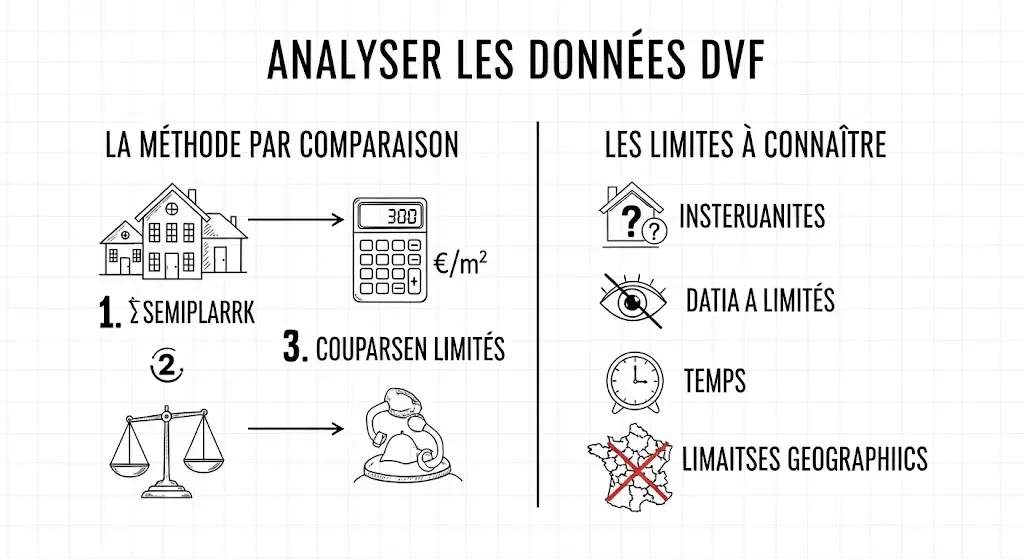 Infographie en style de dessin, divisée en deux parties verticales sur fond de carnet.
À gauche, "La Méthode par Comparaison" est expliquée en trois étapes avec des icônes de maisons et de calculatrice.
À droite, "Les Limites à Connaître" liste les points faibles des données avec des icônes (point d'interrogation, œil barré).