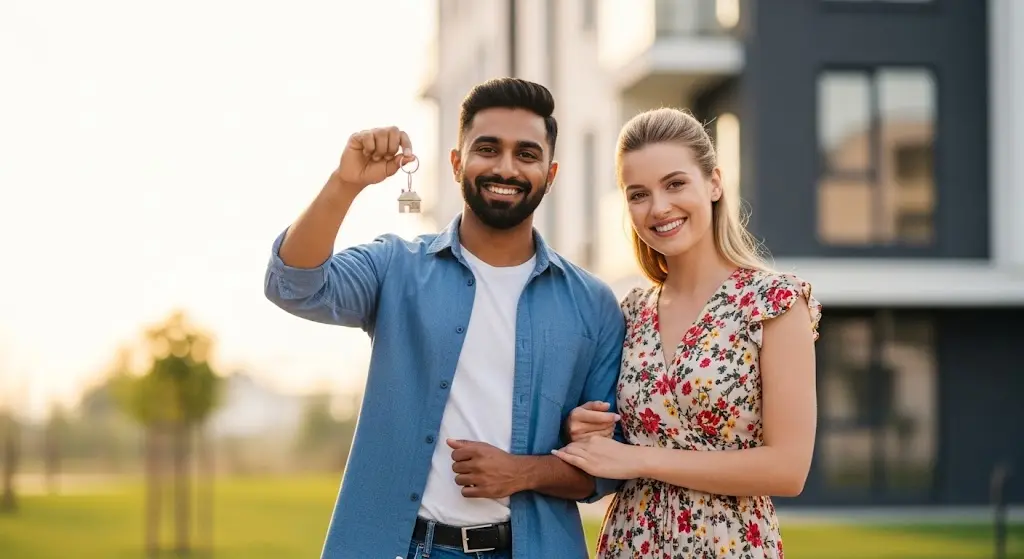 Image montrant un jeune couple souriant, debout devant un immeuble d'appartements moderne.
L'un d'eux tient fièrement une clé, symbolisant leur accession à la propriété grâce au BRS.
L'atmosphère est lumineuse et optimiste, évoquant le bonheur de réaliser son projet immobilier.