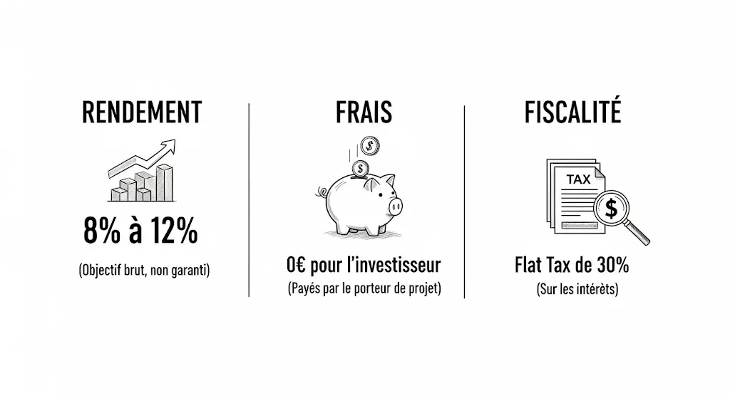 Infographie style "croquis" divisée en trois sections : Rendement, Frais et Fiscalité.
Elle illustre le rendement potentiel de 8 à 12% et l'absence de frais pour l'investisseur.
La dernière section explique la "Flat Tax" de 30% appliquée sur les intérêts perçus.
