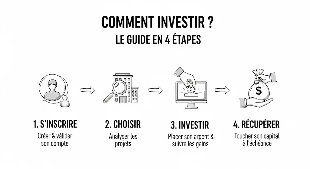 Infographie dessinée à la main présentant un guide en quatre étapes pour investir.
Les étapes illustrées par des icônes sont : S'inscrire, Choisir un projet, et Investir.
La dernière étape montre comment l'investisseur récupère son capital à la fin du projet.