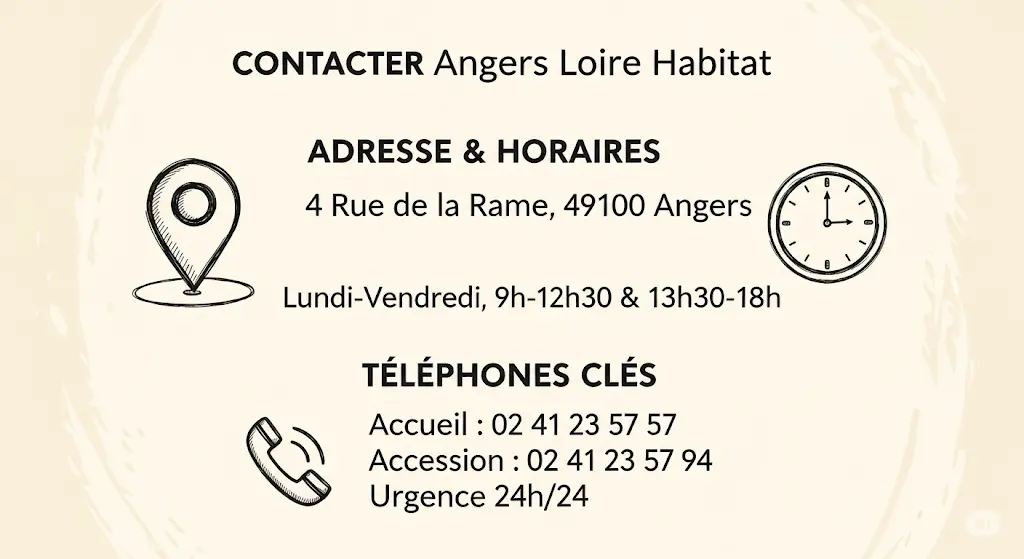 Cette infographie dessinée à la main résume comment contacter Angers Loire Habitat.
Elle affiche l'adresse, "4 Rue de la Rame", et les horaires, "Lundi-Vendredi 9h-18h", avec des icônes de carte et d'horloge.
Les numéros de téléphone clés pour l'accueil, l'accession à la propriété et les urgences sont aussi listés à côté d'une icône de téléphone.