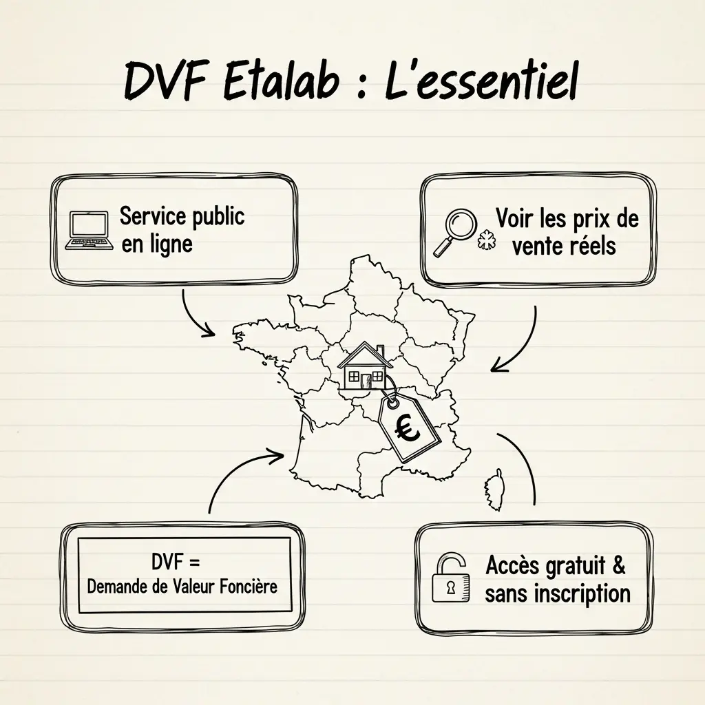 Infographie en noir et blanc imitant un dessin fait à la main sur une feuille de papier.
Au centre, une carte de France simplifiée avec une maison et un symbole euro, entourée d'icônes et de textes.
Les points clés expliquent que DVF Etalab est un service gratuit en ligne pour voir les prix de l'immobilier.
