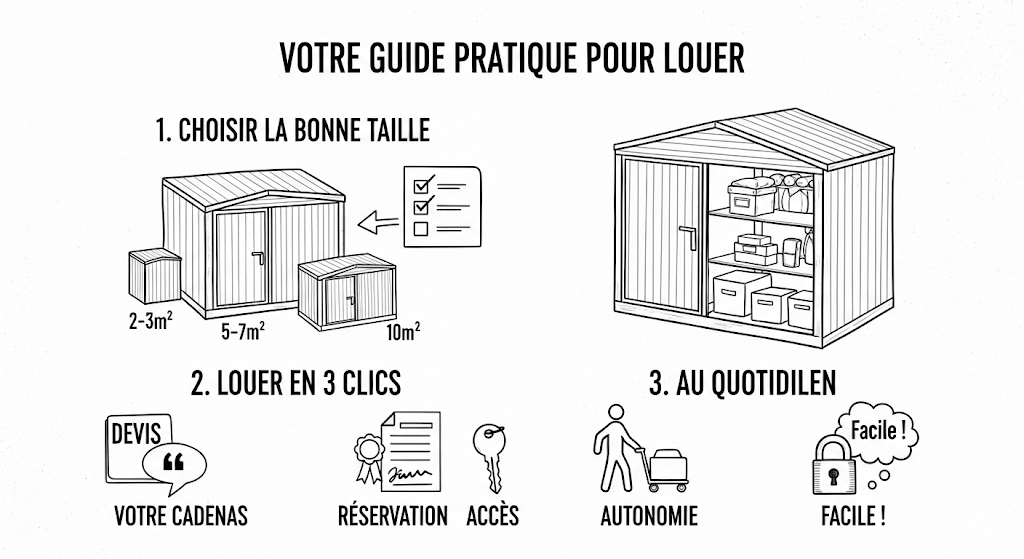 Une infographie dessinée à la main, intitulée "Votre Guide Pratique pour Louer", décompose le processus de location en trois étapes simples. Elle montre comment choisir la bonne taille de box, comment louer en trois clics (devis, réservation, accès) et comment fonctionne le service au quotidien. Le style croquis rend le guide visuel, simple et facile à suivre.