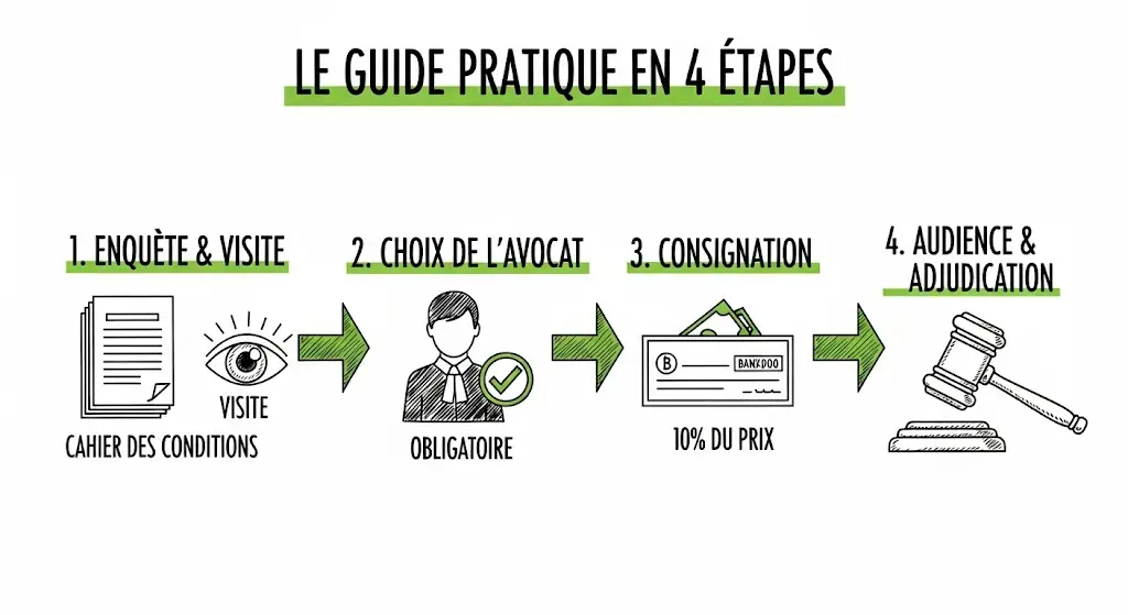 Cette infographie, de style dessiné à la main, présente un guide pratique en quatre étapes.
Chaque étape est numérotée et illustrée par une icône : un document pour l'enquête, un avocat, un chèque pour la consignation et un marteau pour l'adjudication.
Des flèches relient les étapes pour montrer le déroulement logique de la procédure de vente aux enchères.