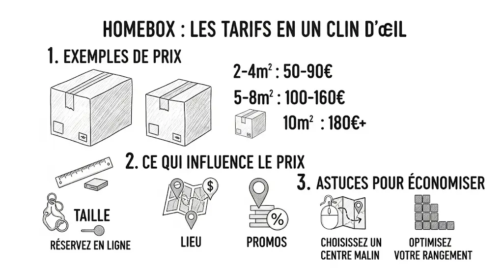 Une infographie dessinée à la main, intitulée "Homebox : Les Tarifs en un clin d'œil", résume les informations sur les prix. Elle est divisée en trois parties avec des icônes : les exemples de prix selon la taille du box, les facteurs qui influencent le tarif (taille, lieu, promos), et les astuces pour économiser. L'ensemble est clair et visuel, utilisant des dessins simples pour illustrer chaque point clé.