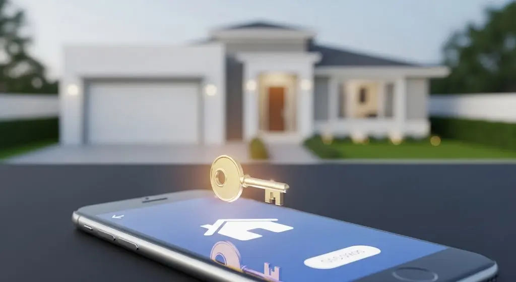 Cette image moderne et épurée montre une main tenant un smartphone au premier plan.
De l'écran du téléphone, qui affiche une icône de maison, sort une clé dorée et lumineuse.
En arrière-plan, cette clé pointe vers une belle maison contemporaine, symbolisant l'accès à la propriété grâce à la technologie.