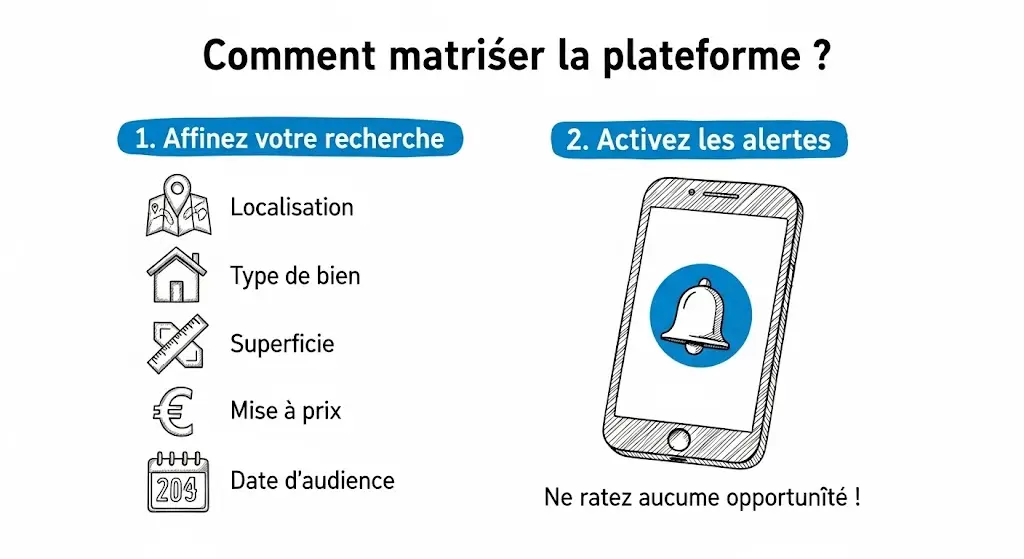 Cette infographie, dessinée à la main, est titrée "Comment maîtriser la plateforme ?".
La partie gauche liste les icônes des filtres de recherche : localisation, type de bien, superficie, prix et date.
La partie droite montre un smartphone avec une cloche de notification pour illustrer l'activation des alertes afin de ne rater aucune opportunité.
