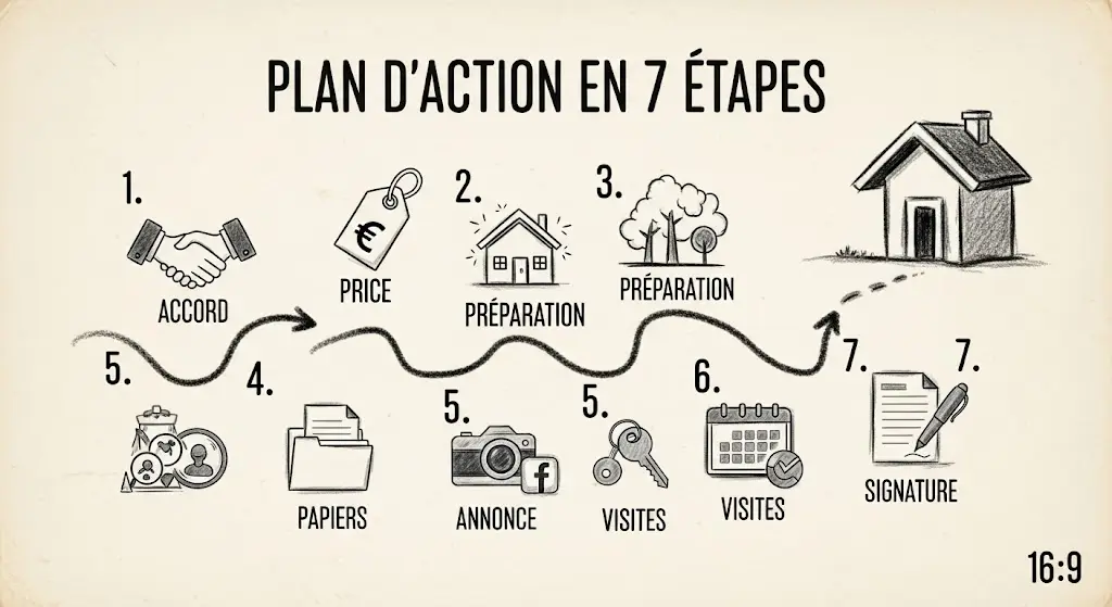 Il s'agit d'une infographie dessinée à la main, titrée "Plan d'Action en 7 Étapes".
Un chemin numéroté guide le regard à travers les 7 phases clés de la vente immobilière.
Chaque étape est symbolisée par une icône claire : poignée de main, étiquette de prix, maison propre, dossier, appareil photo, calendrier et signature.