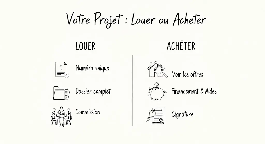 Infographie dessinée à la main montrant les étapes pour un projet immobilier.
À gauche, la section "Louer" détaille l'obtention du numéro unique, le dossier et la commission.
À droite, la section "Acheter" illustre la consultation des offres, le financement et la signature finale