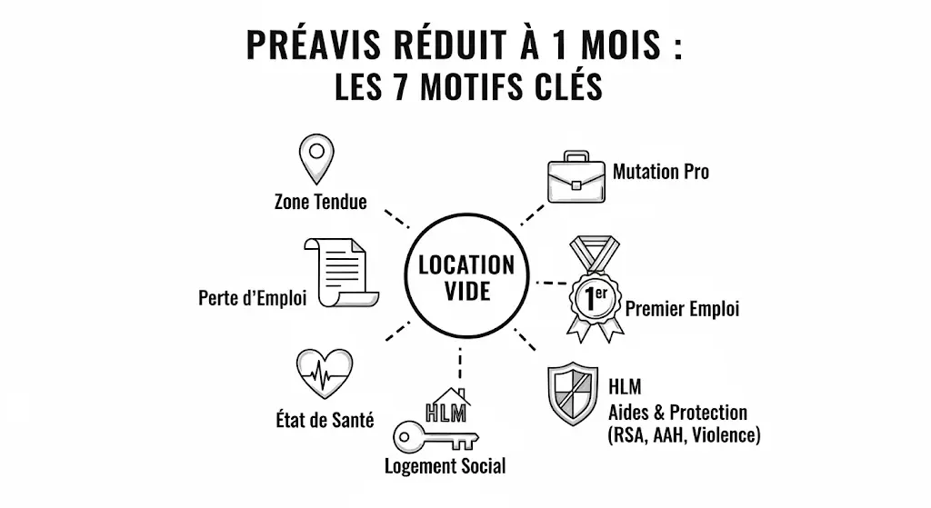 Une infographie au style de croquis, titrée "Préavis Réduit à 1 Mois : Les 7 Motifs Clés".
Au centre, un cercle indique "LOCATION VIDE", duquel partent sept icônes représentant les motifs.
Les motifs listés sont : Zone Tendue, Mutation Pro, Perte d'Emploi, Premier Emploi, État de Santé, Logement Social, et Aides & Protection