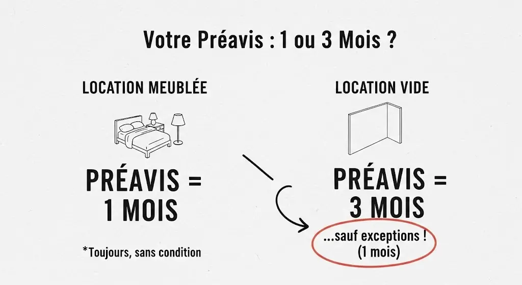 Une infographie au style de croquis dessiné à la main, divisée en deux parties.
À gauche, pour une location meublée, il est indiqué "Préavis = 1 mois" ; à droite, pour une location vide, "Préavis = 3 mois".
Une flèche pointe sous les "3 mois" vers la mention "...sauf exceptions !", invitant à découvrir les conditions du préavis réduit.