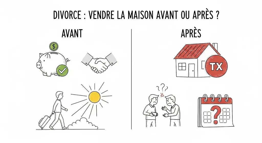 Cette infographie, au style de dessin à la main, compare la vente d'une maison avant et après un divorce.
La colonne de gauche "Avant" illustre les avantages (économies, accord) avec des icônes positives.
La colonne de droite "Après" montre les inconvénients (taxes, conflits, incertitude) avec des dessins évocateurs.