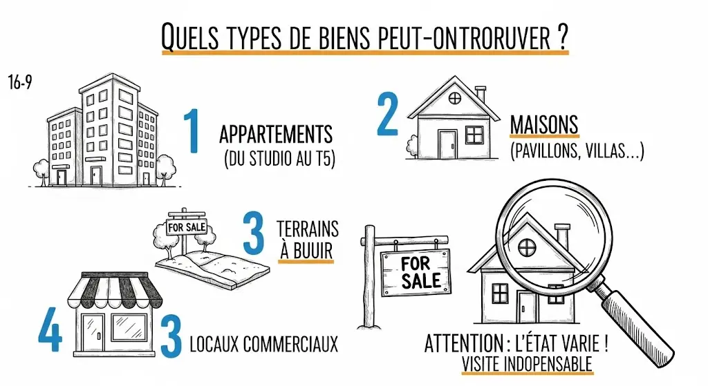 Cette infographie, de style croquis, s'intitule "Quels types de biens peut-on trouver ?".
Elle illustre avec des icônes dessinées à la main les différentes catégories de biens : appartements, maisons, terrains et locaux commerciaux.
Un dernier dessin avec une loupe met en garde sur l'état variable des biens et souligne que la visite est indispensable.