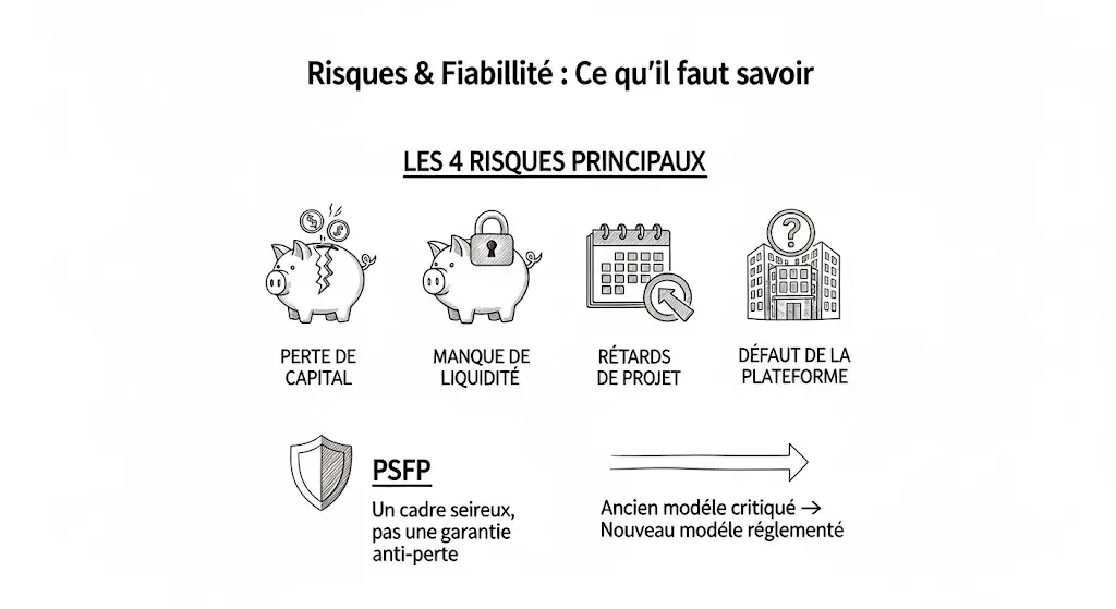 Infographie dessinée à la main résumant les risques et la fiabilité de la plateforme.
La partie principale illustre les quatre risques majeurs, comme la perte de capital.
Des icônes expliquent aussi le rôle de l'agrément PSFP et l'évolution de la plateforme.