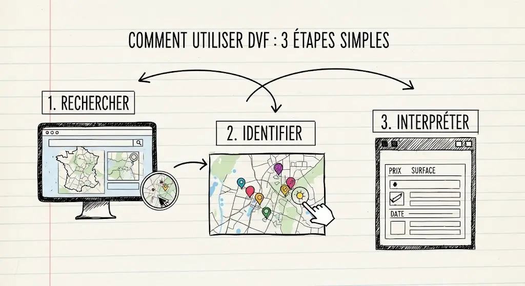 Infographie en noir et blanc, style dessin à la main, expliquant un tutoriel en trois étapes.
Chaque étape est dans une case numérotée : la première montre une recherche sur une carte, la deuxième un clic sur un point.
La troisième case montre une fiche avec les informations d'une vente, comme le prix et la surface du bien