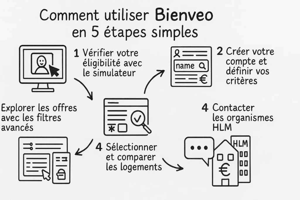 L’infographie illustre les 5 étapes clés de Bienveo en croquis noir et blanc. Chaque étape est accompagnée d’un pictogramme dessiné à la main : simulateur sur écran, formulaire, filtres de recherche, loupe sur une annonce, bâtiment HLM. L’ensemble suit une disposition fluide en cercle, avec des flèches reliant les étapes entre elles