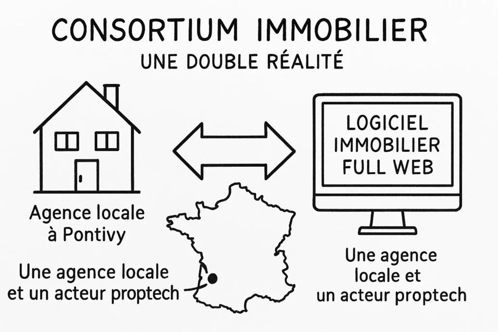 Un dessin en noir et blanc montre une maison à gauche pour représenter l’agence locale à Pontivy, et un écran à droite pour symboliser le logiciel immobilier full web. Une carte de France et une double flèche relient les deux mondes, illustrant leur complémentarité.