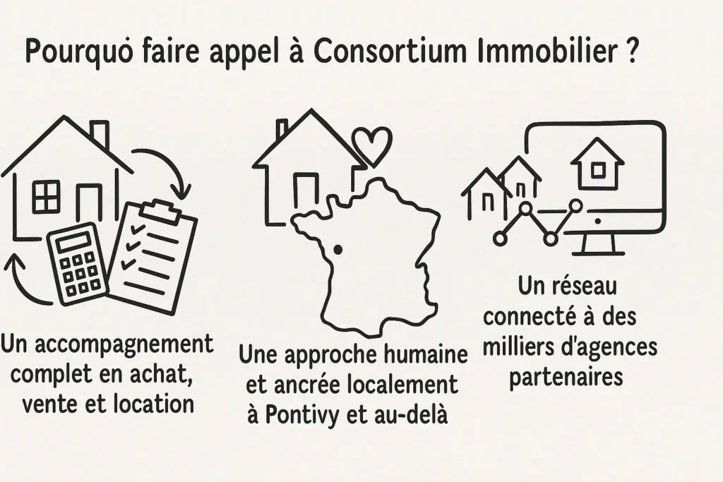 L’image présente trois illustrations dessinées à la main : une maison avec une check-list, une carte de France centrée sur Pontivy, et un écran connecté à plusieurs biens. Chaque dessin résume une idée clé : accompagnement complet, ancrage local, et réseau de partenaires.