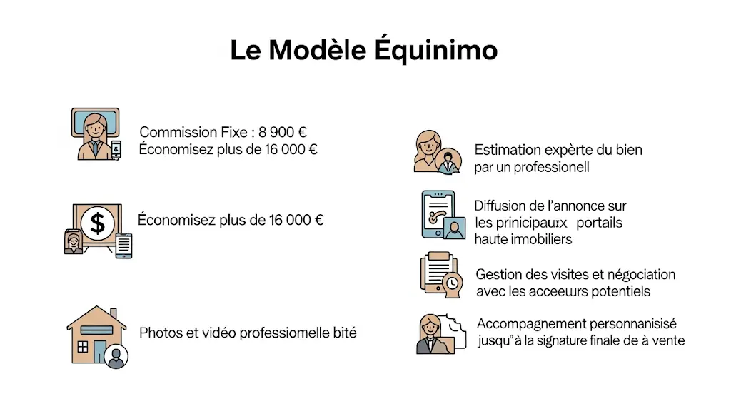 Cette infographie, dans un style dessiné à la main, présente le modèle Equinimo et ses avantages.
Elle illustre avec des icônes les points clés : la commission fixe, les économies réalisées, l'expertise, les services photo et vidéo, la diffusion des annonces, la gestion des visites et l'accompagnement.
Le tout est présenté de manière claire et minimaliste sur un fond blanc pour une compréhension immédiate.