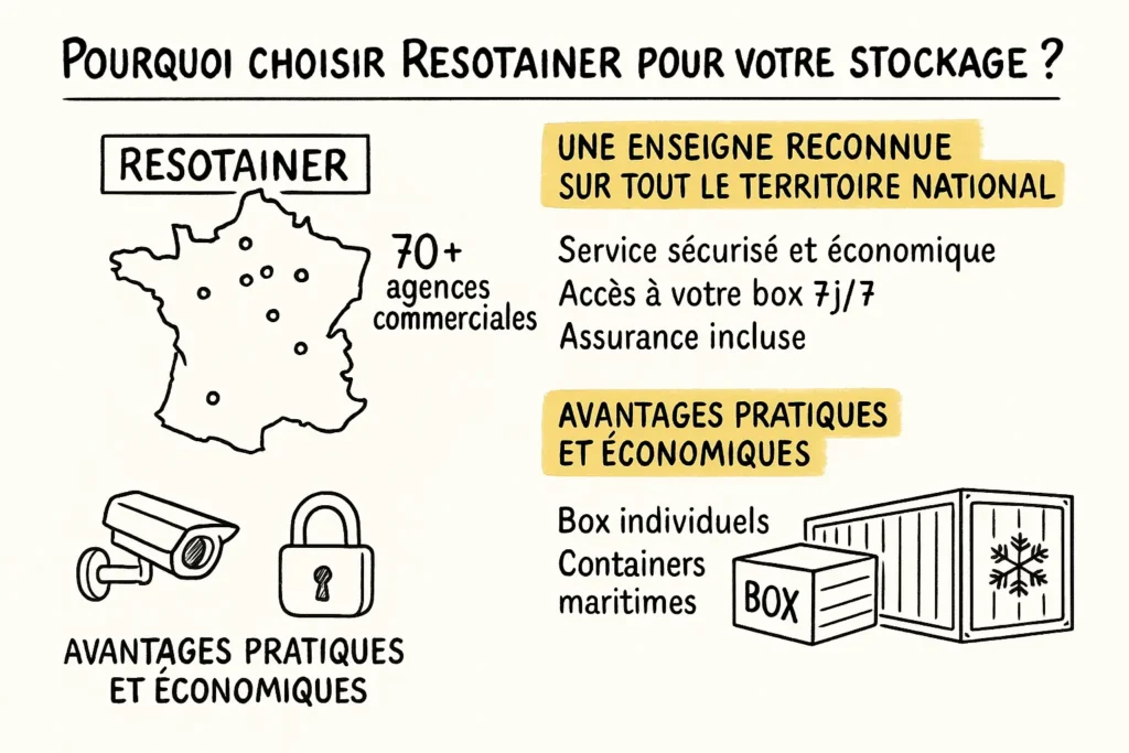 Une carte de France avec des points symbolise les 70 agences Resotainer. Des pictogrammes illustrent la vidéosurveillance, un cadenas, et deux containers. Des encadrés jaunes résument les avantages : sécurité, flexibilité, et types de stockage.