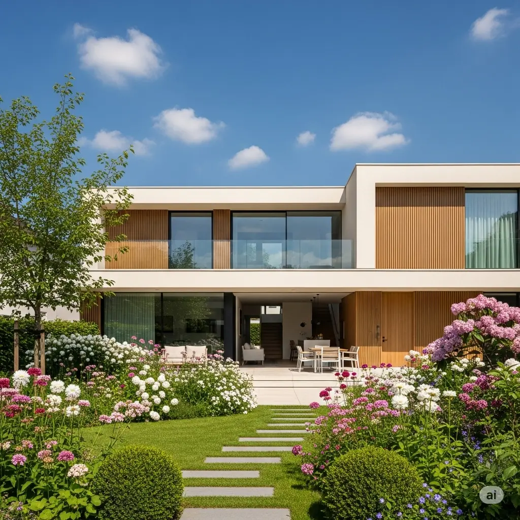 Il s'agit d'une maison familiale moderne et accueillante. La maison présente un design épuré et minimaliste avec de grandes fenêtres. Elle est entourée d'un jardin luxuriant et bien entretenu, rempli de fleurs colorées, sous un grand ciel bleu. L'ensemble dégage une atmosphère de paix et de tranquillité.