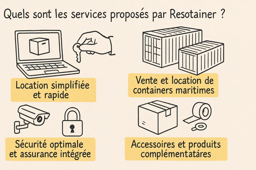 Quatre pictogrammes illustrent les services : un ordinateur et une main avec clé pour la location rapide, des containers maritimes, une caméra et un cadenas pour la sécurité, et un carton avec rouleau de scotch pour les accessoires. Chaque bloc est accompagné d’un texte clair sur fond jaune. Le tout forme une vue synthétique, simple et visuelle de l’offre Resotainer.