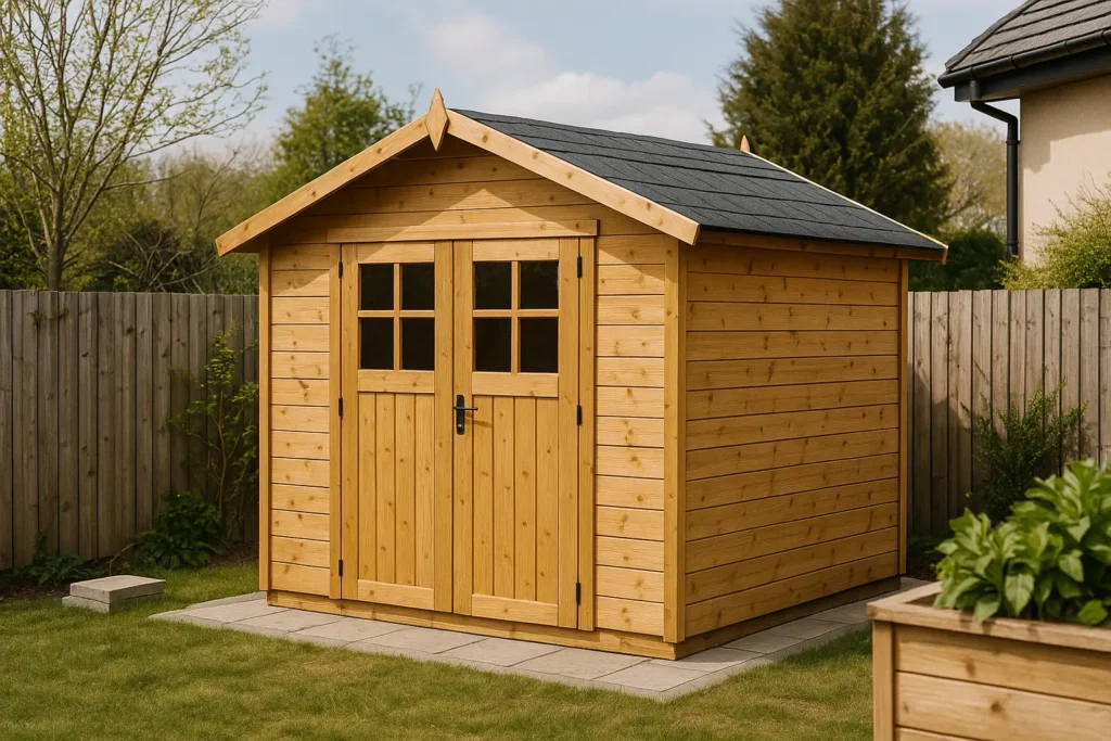 L’image montre un abri de jardin en bois clair avec un toit noir en shingle, posé sur une dalle pavée. Il est situé dans un jardin clôturé, entouré de verdure et d’arbres, avec une maison visible en arrière-plan. La scène est lumineuse, capturée par temps doux en journée.