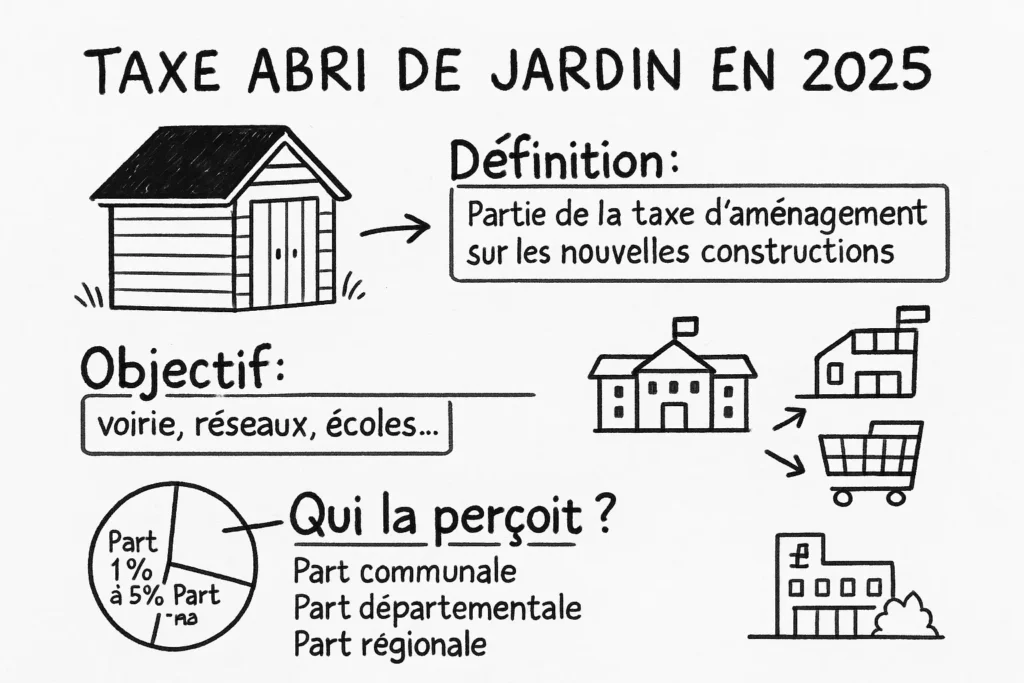 L’infographie représente un abri de jardin relié par des flèches à des bâtiments publics (école, commerce), illustrant que la taxe sert à financer les infrastructures. Un camembert explique la répartition : part communale, départementale et régionale. Le tout est dessiné à la main, façon croquis explicatif.